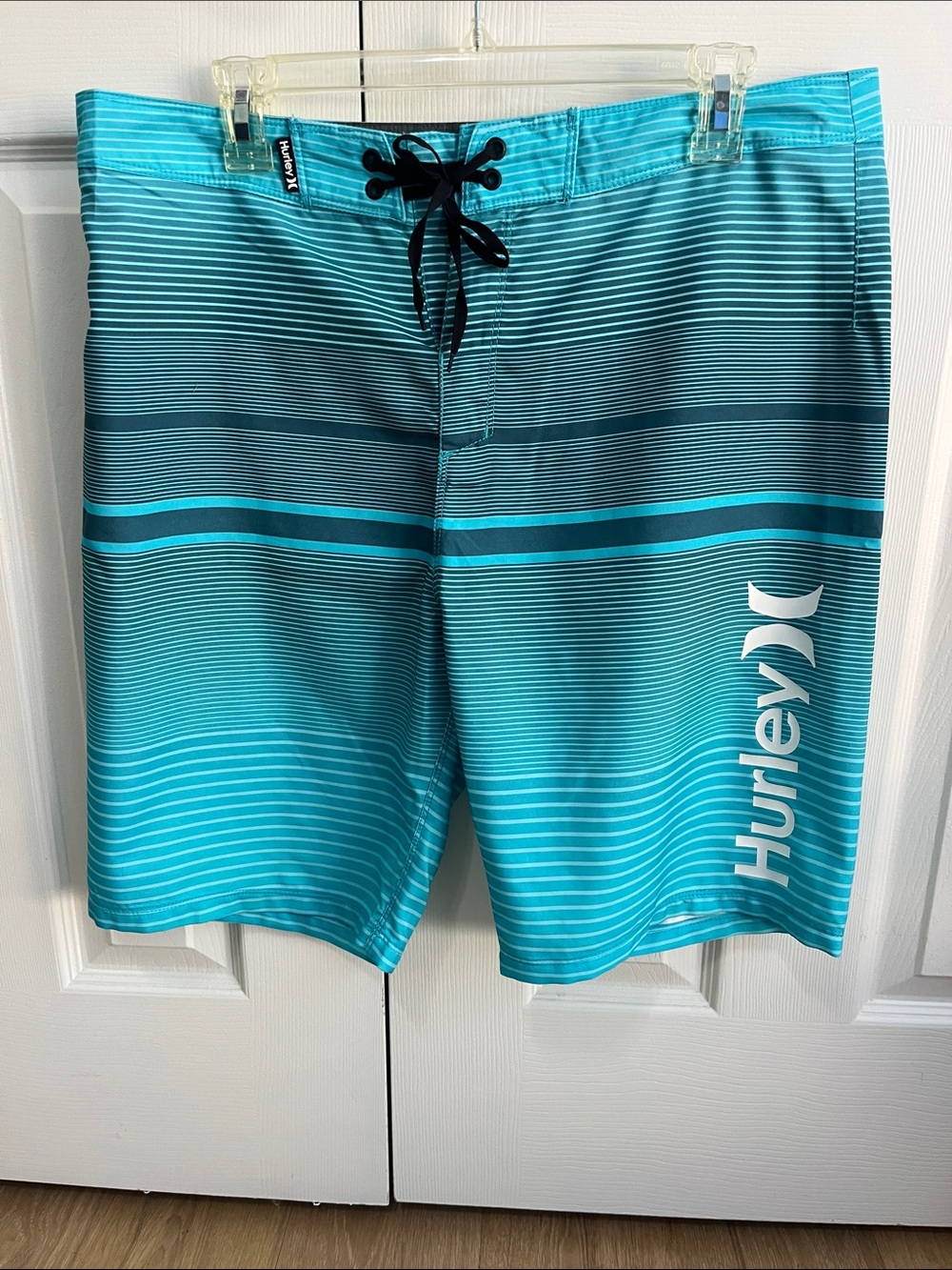 Hurley Men’s Teal Striped Board Shorts with Black Lace